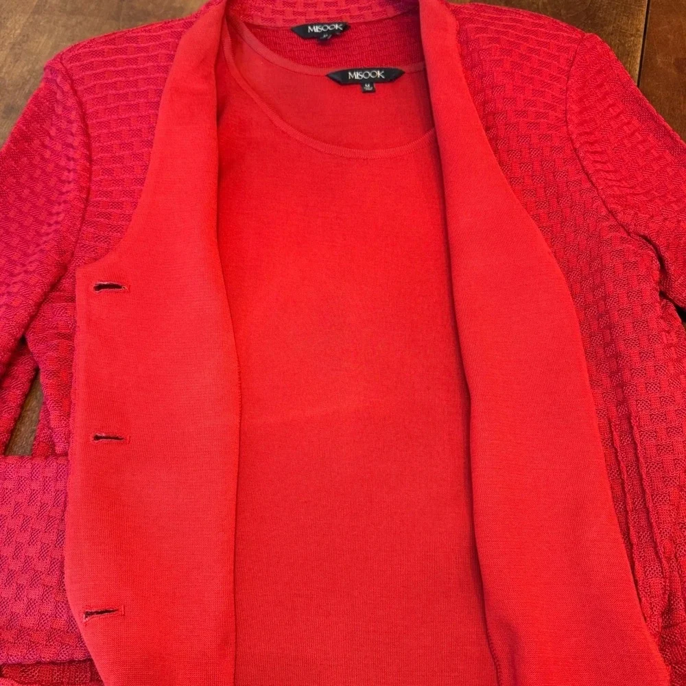 Misook Knit Jacket Tank Set Women Medium Red Excellent Button Front Professional